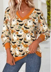 Halloween Orange Tummy Coverage Long Sleeve V Neck Sweatshirt