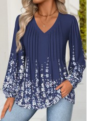 Navy Tummy Coverage Floral Print Long Sleeve Blouse