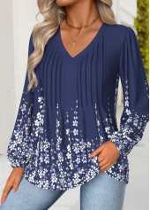 Navy Tummy Coverage Floral Print Long Sleeve Blouse | thumb picture 