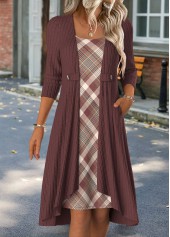 Deep Red Tummy Coverage Plaid Short Long Sleeve Dress