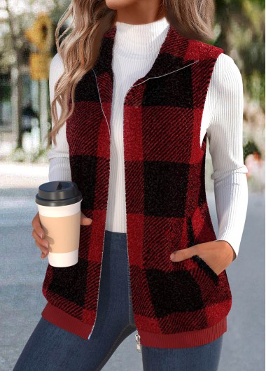 women clothes image of Wine Red Plush Plaid Sleeveless Stand Collar Waistcoat
