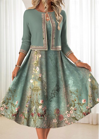 women clothes image of Sage Green Two Piece Floral Print Dress and Cardigan