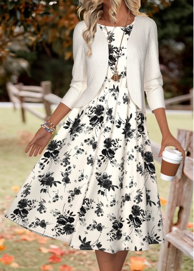 women clothes image of Beige Floral Print Long Sleeve Dress and Cardigan