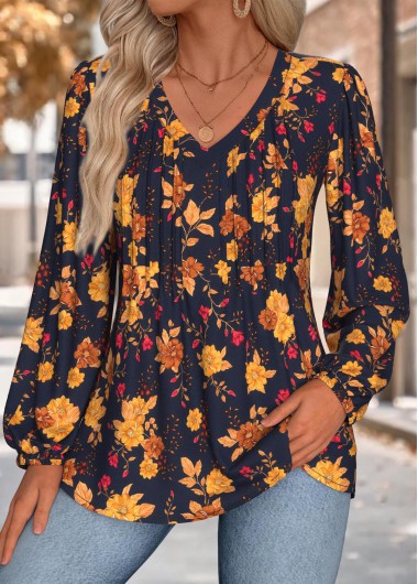 women clothes image of Multi Color Tummy Coverage Floral Print Long Sleeve Blouse