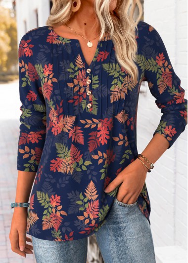 women clothes image of Plus Size Navy Tummy Coverage Leaf Print T Shirt