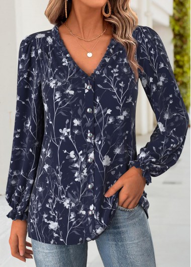 women clothes image of Navy Frill Floral Print Long Sleeve V Neck Blouse