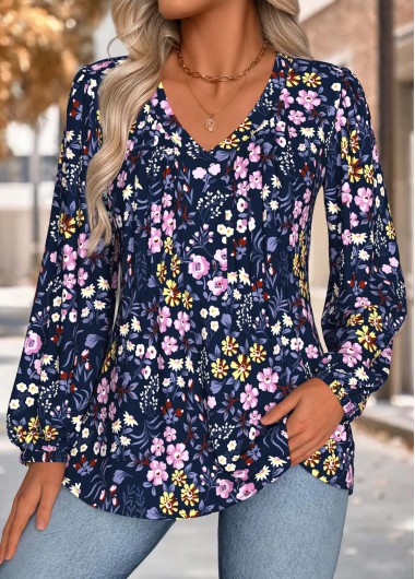 women clothes image of Navy Tummy Coverage Floral Print Long Sleeve Blouse