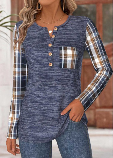 women clothes image of Navy Tummy Coverage Plaid Long Sleeve T Shirt