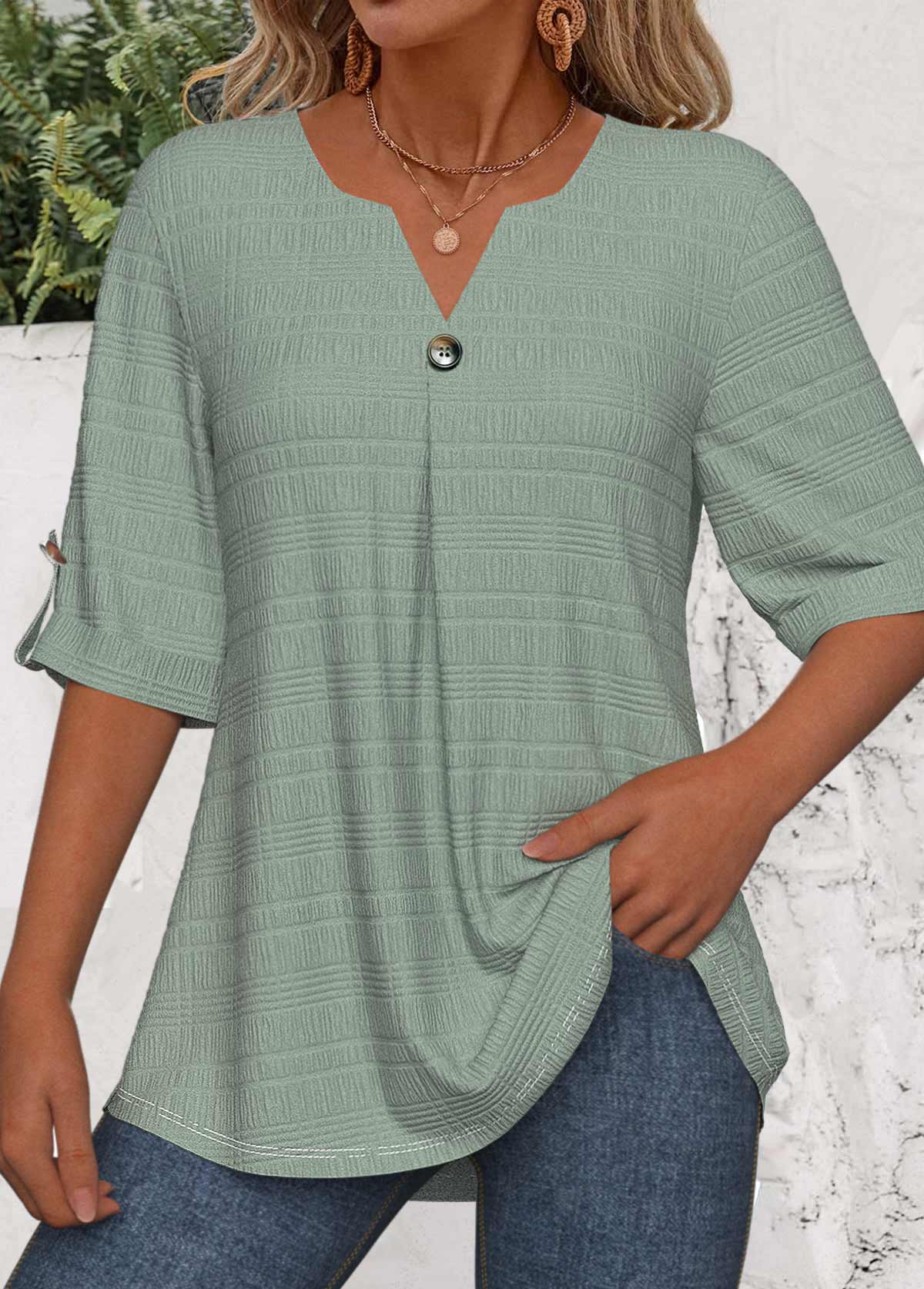 Green Button 3/4 Sleeve Split Neck Blouse | picture 