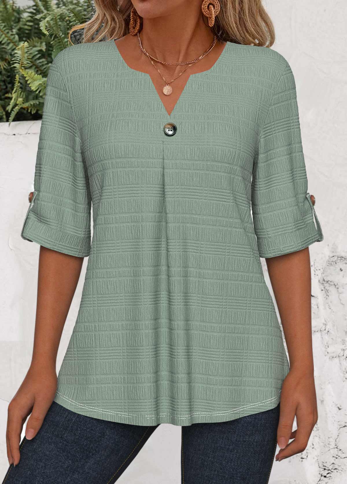 Green Button 3/4 Sleeve Split Neck Blouse | picture 