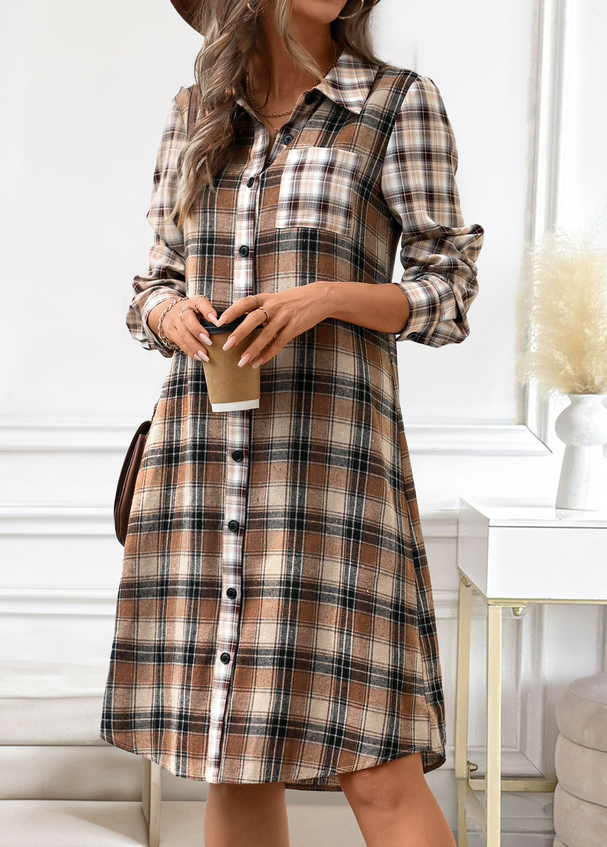 Dark Coffee Button Plaid A Line Long Sleeve Dress | picture 