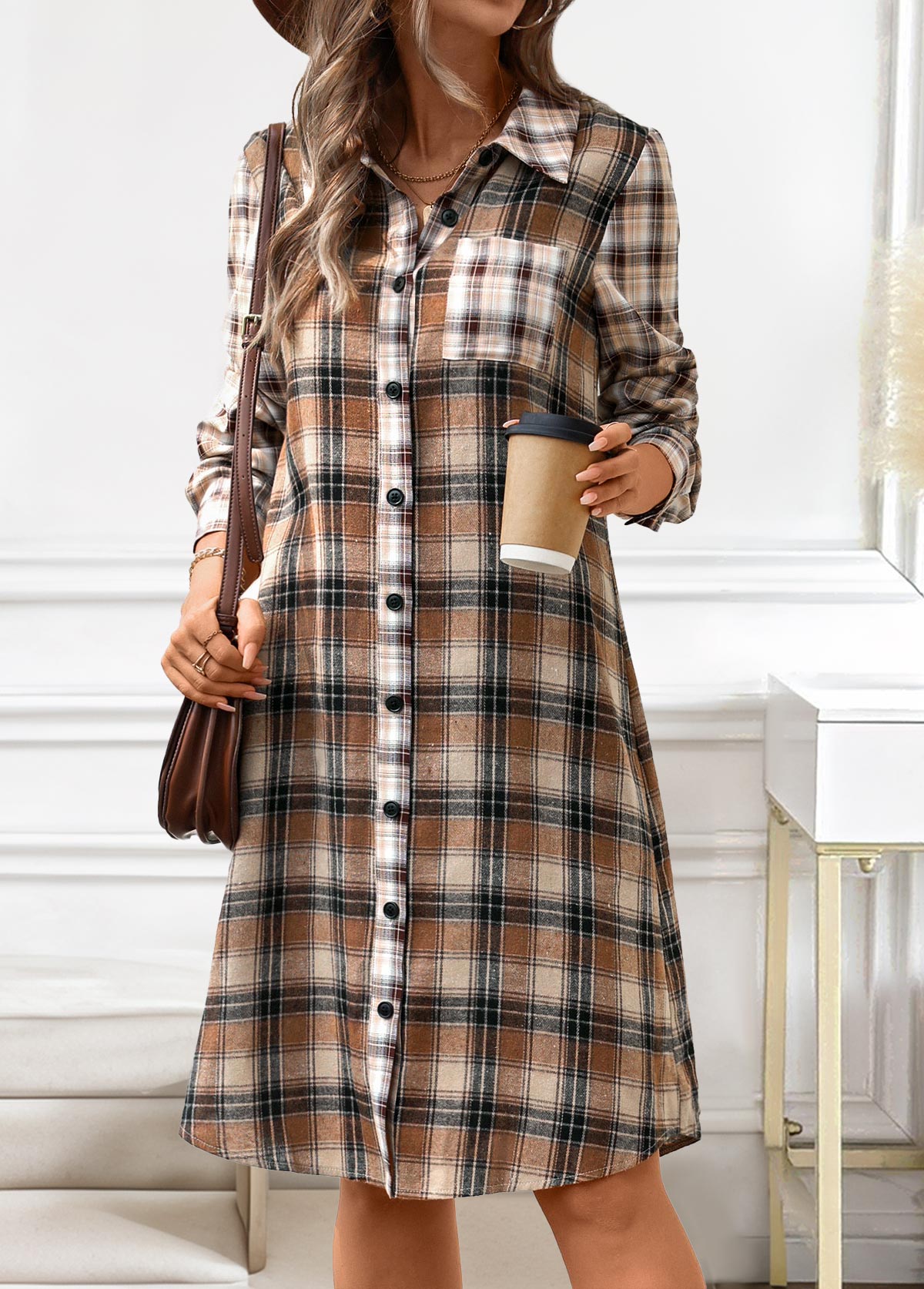 Dark Coffee Button Plaid A Line Long Sleeve Dress | picture 