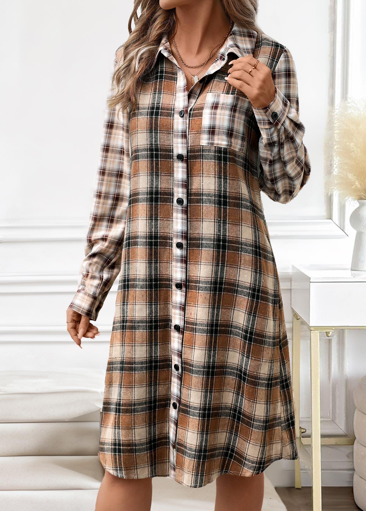 Dark Coffee Button Plaid A Line Long Sleeve Dress | picture 