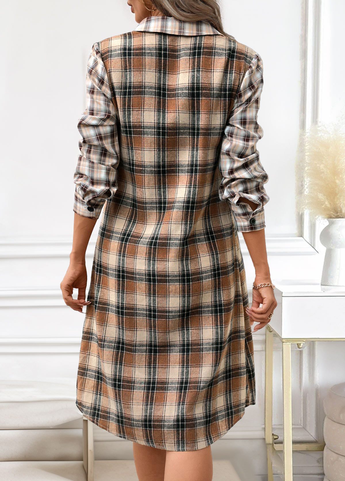 Dark Coffee Button Plaid A Line Long Sleeve Dress | picture 