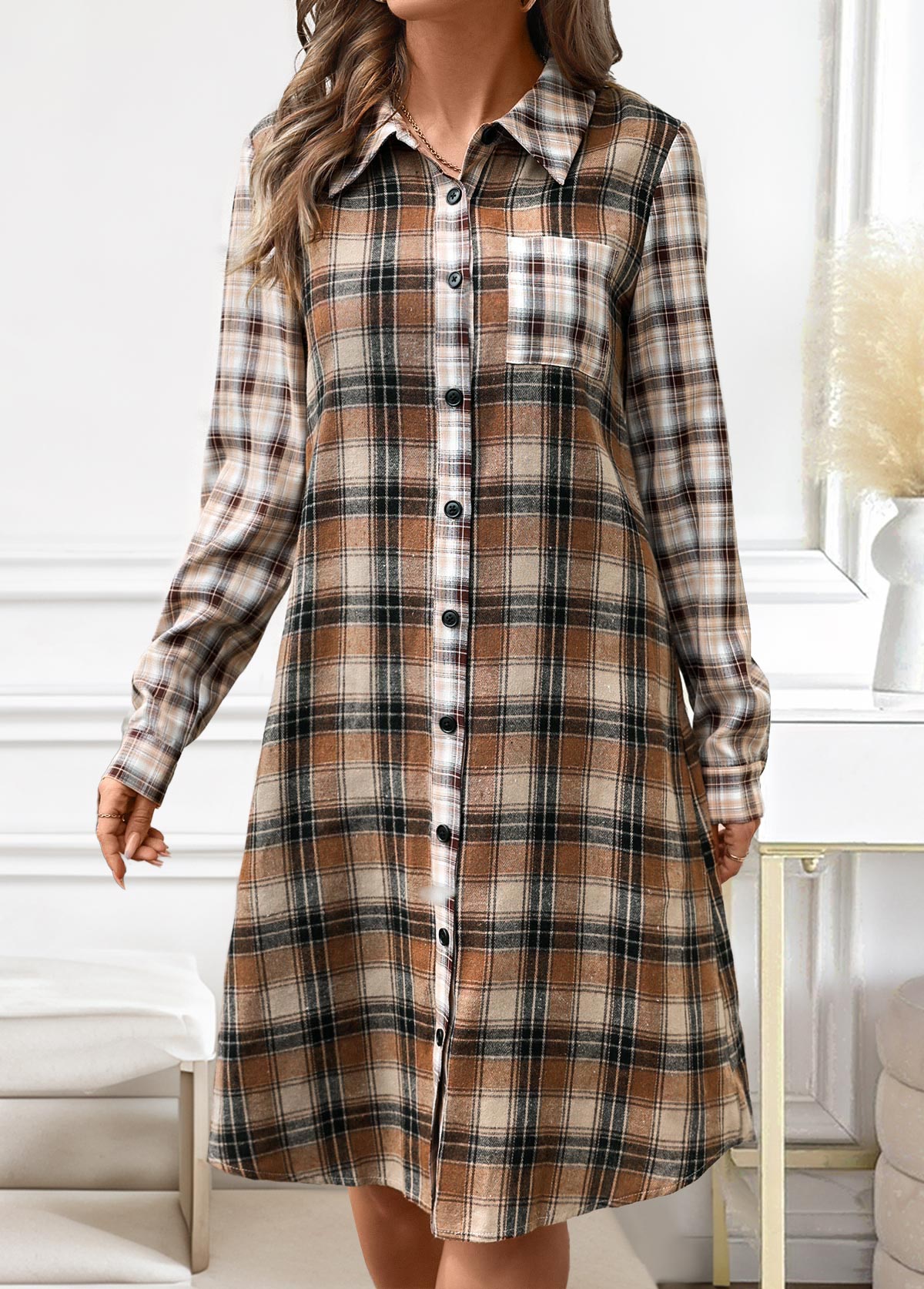 Dark Coffee Button Plaid A Line Long Sleeve Dress | picture 