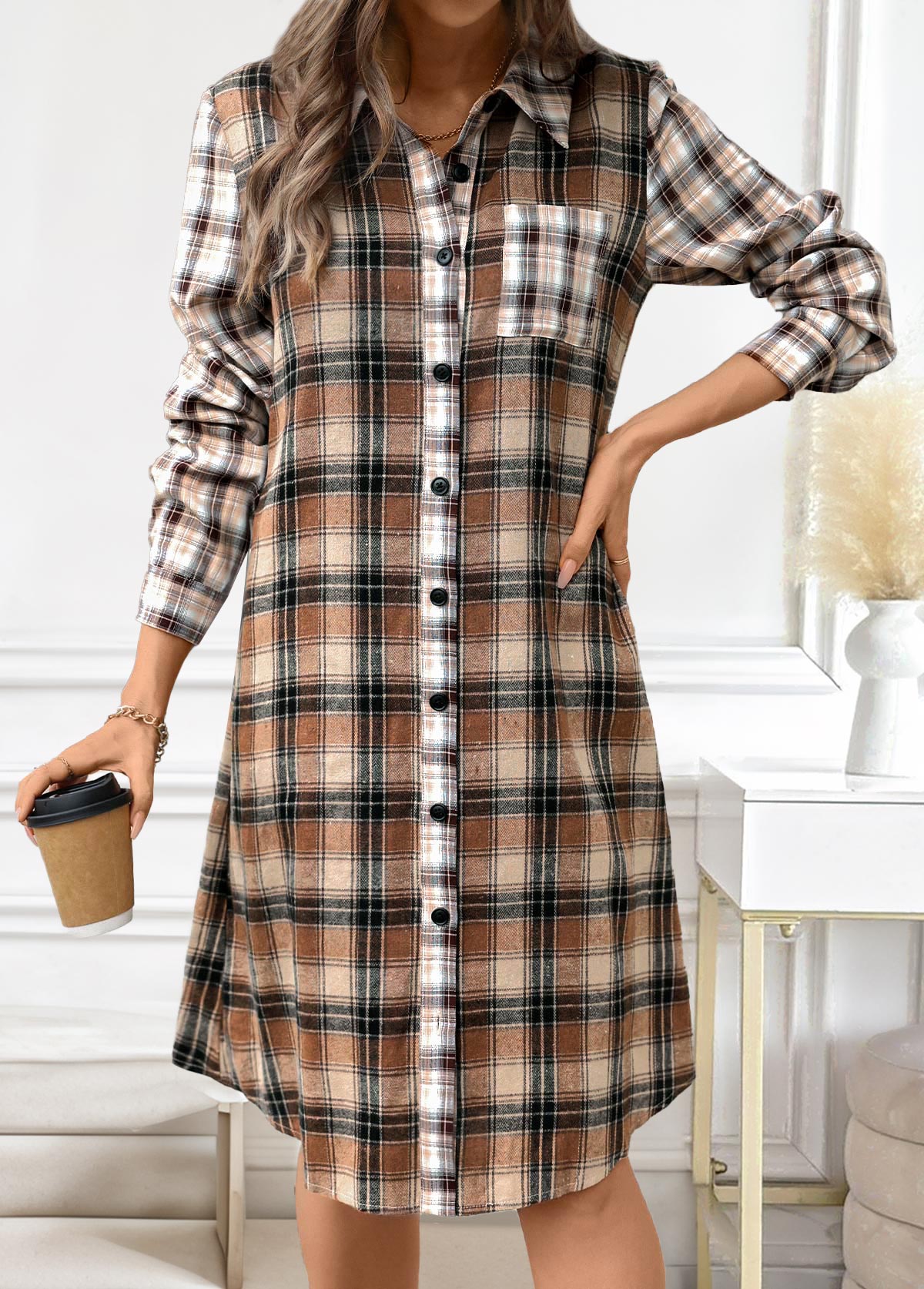 Dark Coffee Button Plaid A Line Long Sleeve Dress | picture 