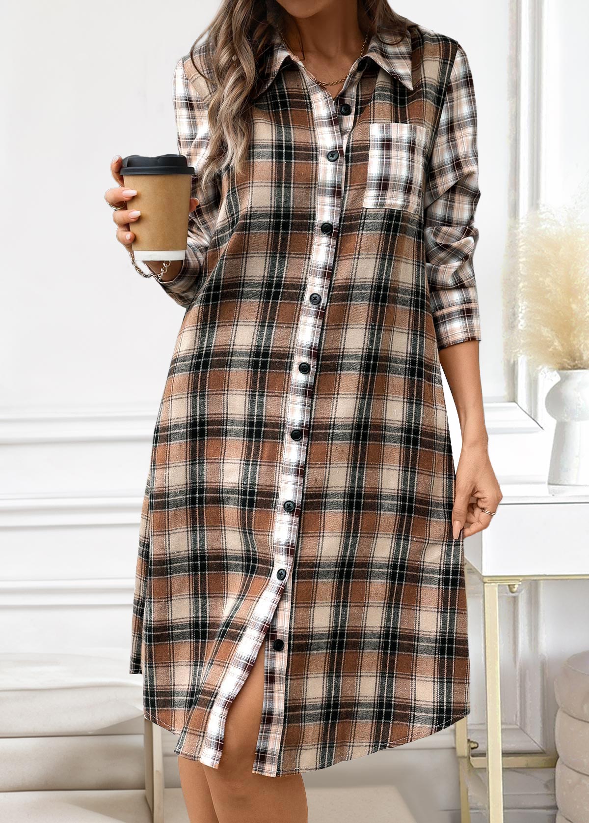 Dark Coffee Button Plaid A Line Long Sleeve Dress | picture 