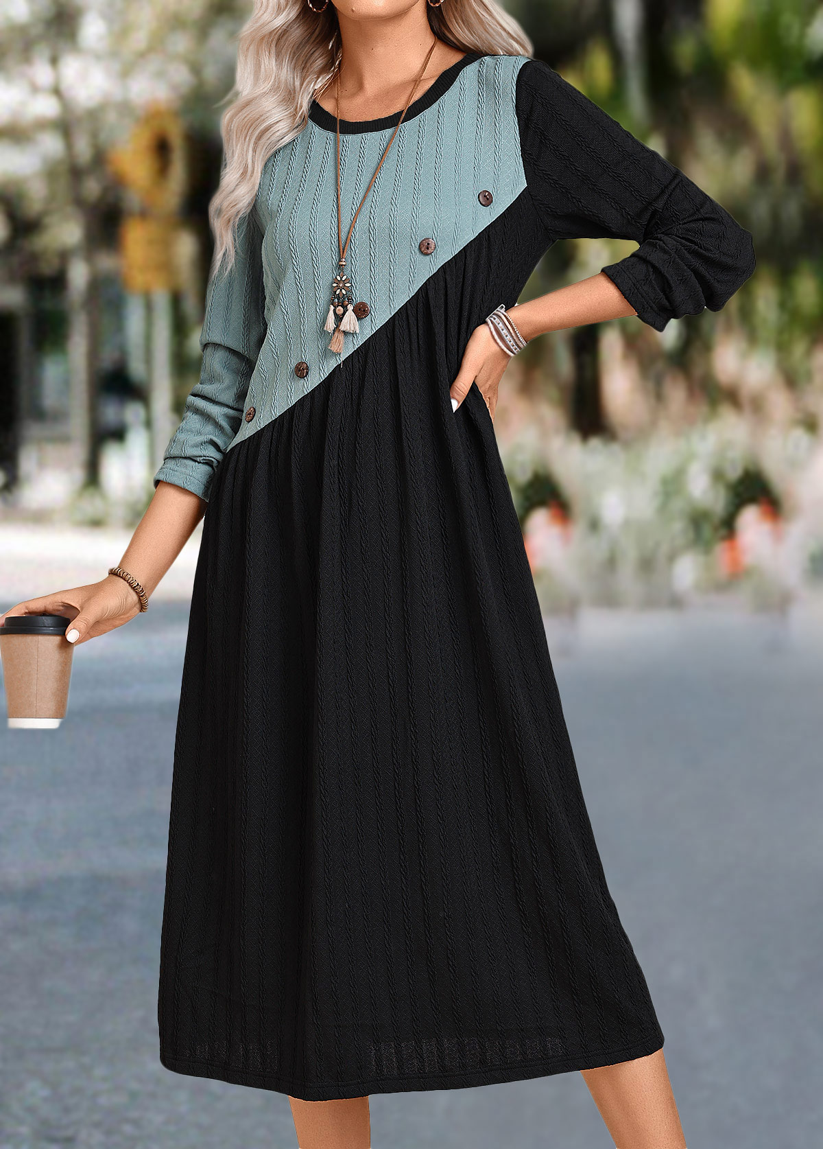 Black Patchwork A Line Long Sleeve Round Neck Dress | picture 