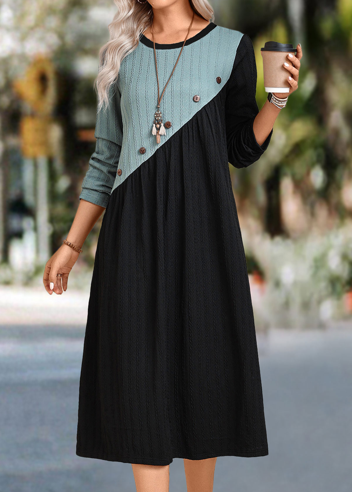 Black Patchwork A Line Long Sleeve Round Neck Dress | picture 