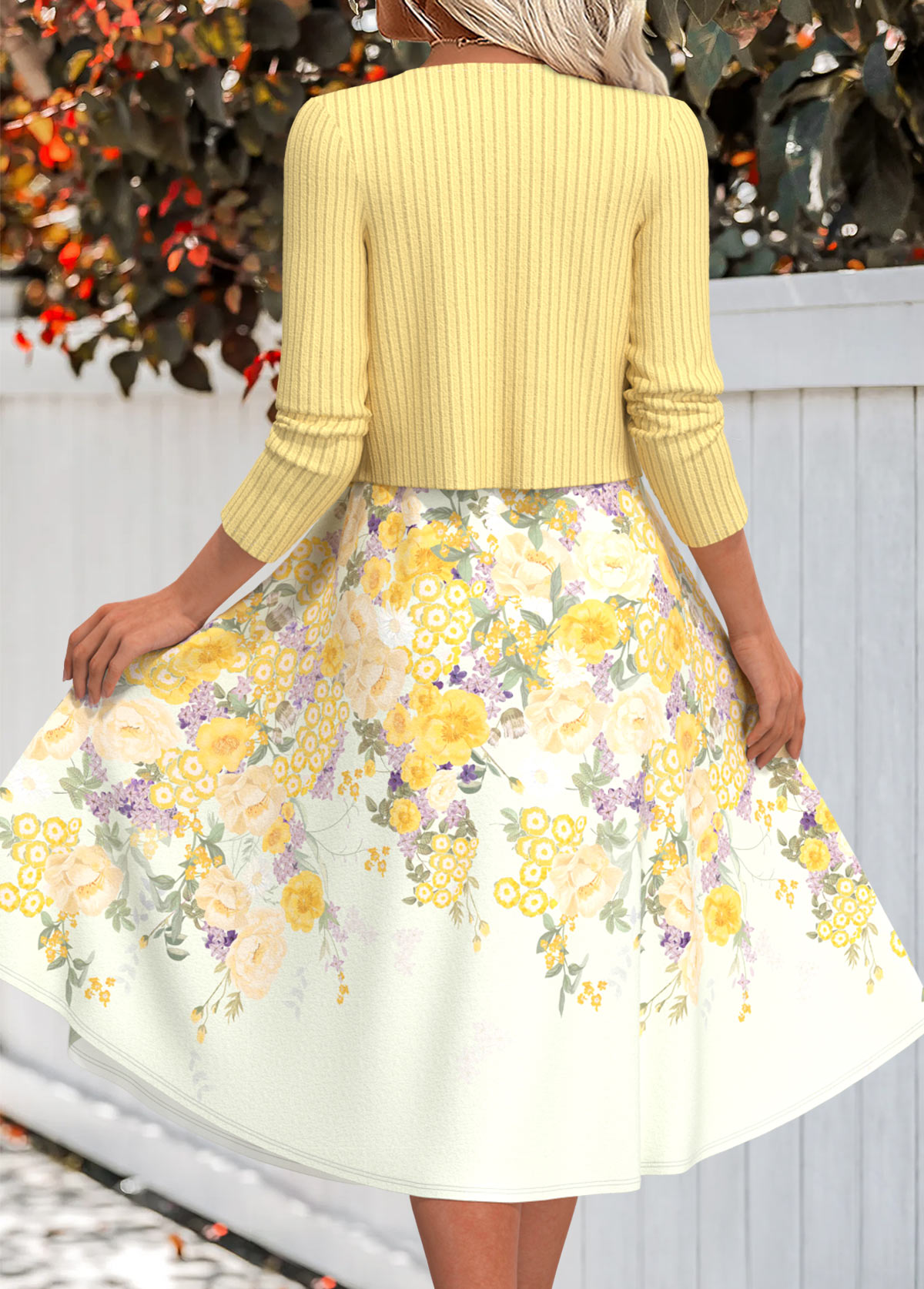 Light Yellow Two Piece Floral Print Dress and Cardigan | picture 