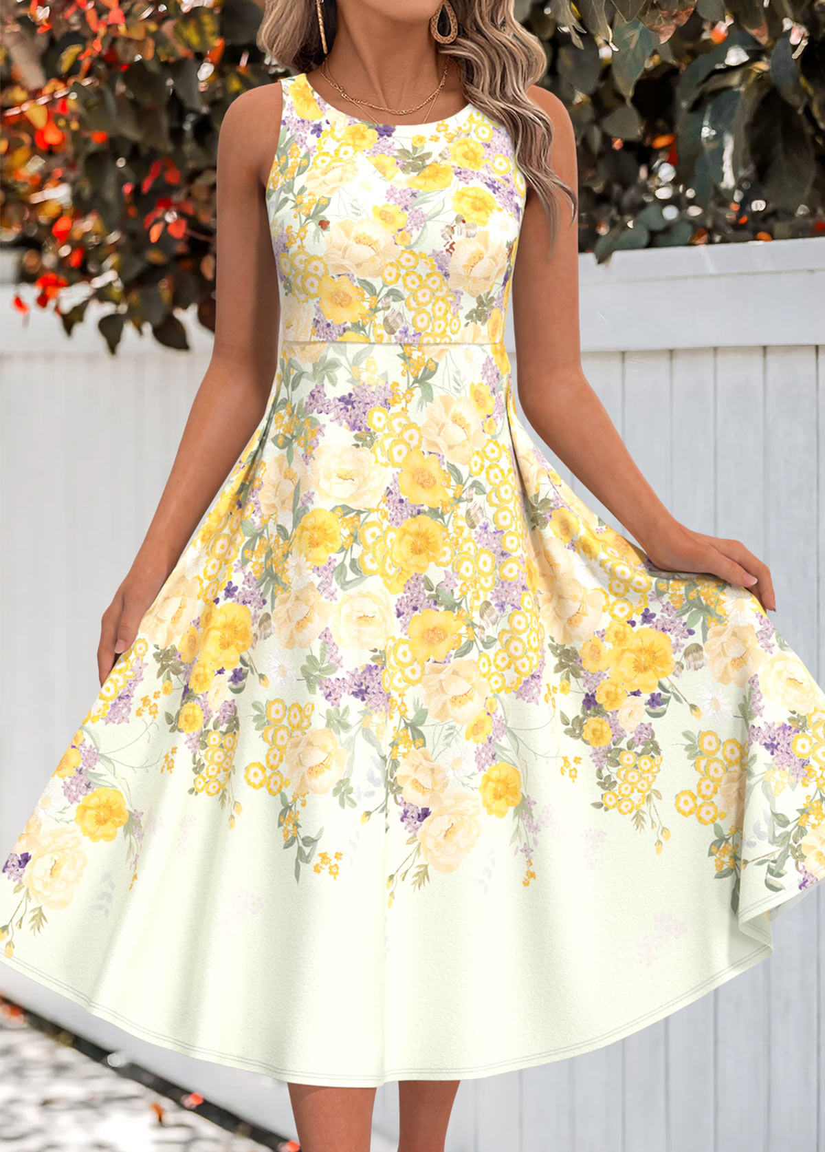Light Yellow Two Piece Floral Print Dress and Cardigan | picture 
