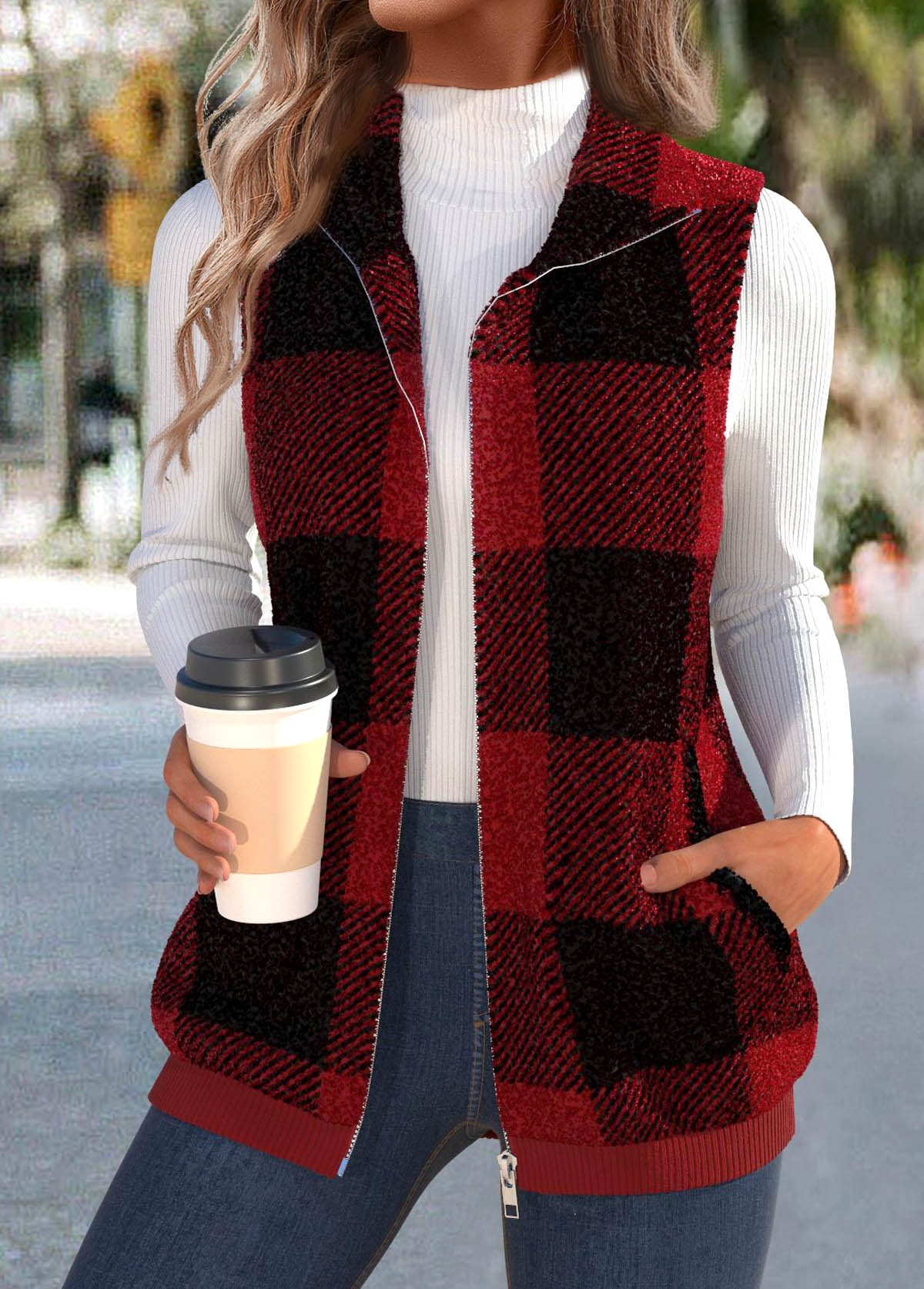 Wine Red Plush Plaid Sleeveless Stand Collar Waistcoat | picture 