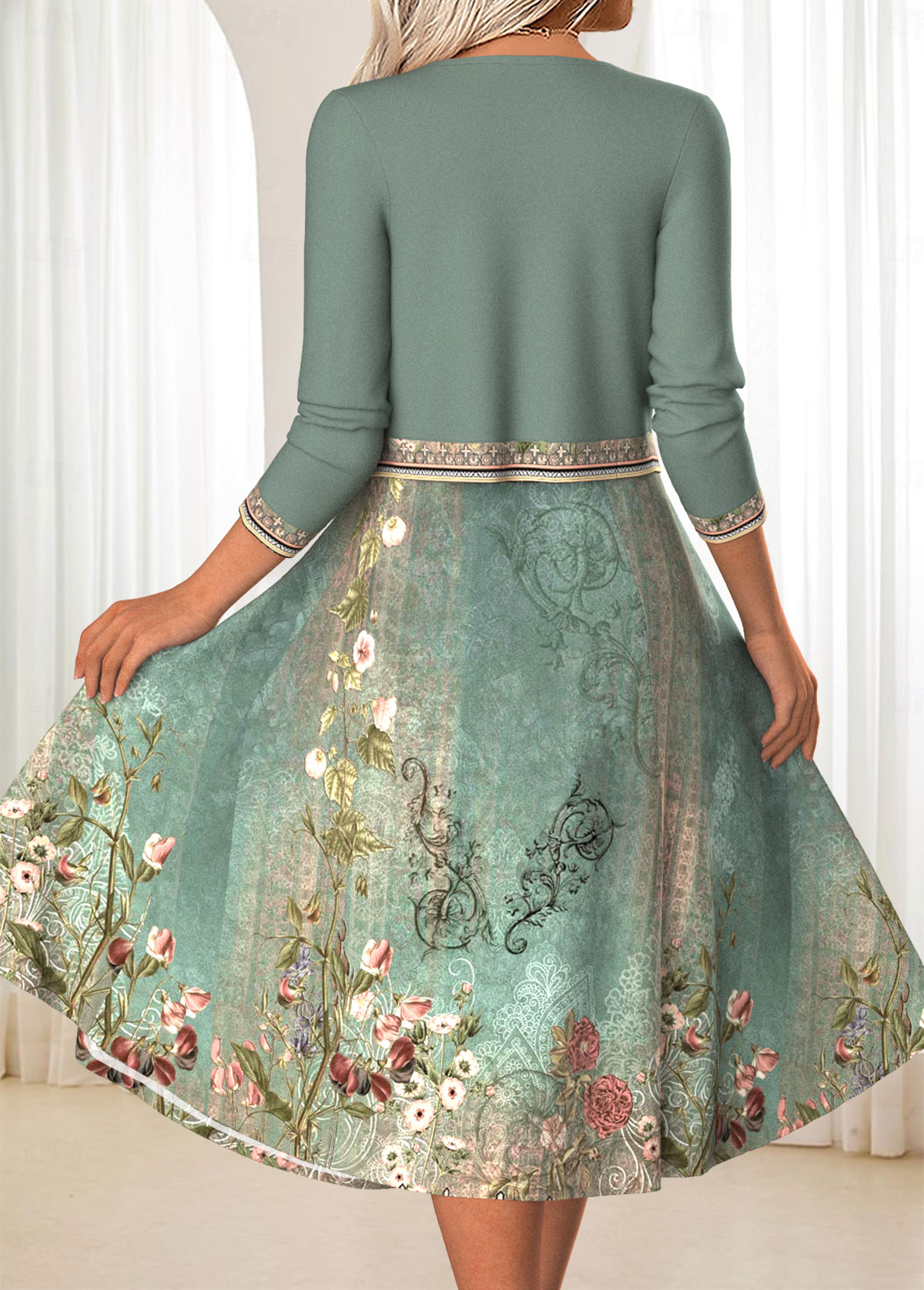 Sage Green Two Piece Floral Print Dress and Cardigan | picture 
