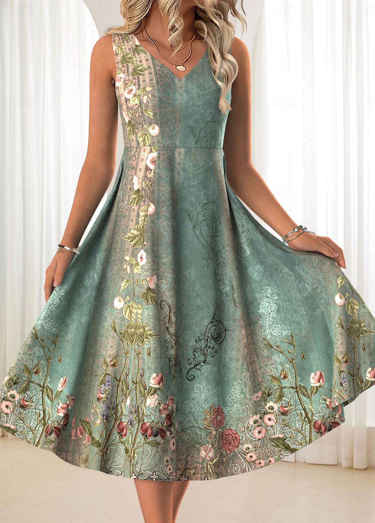 Sage Green Two Piece Floral Print Dress and Cardigan | picture 