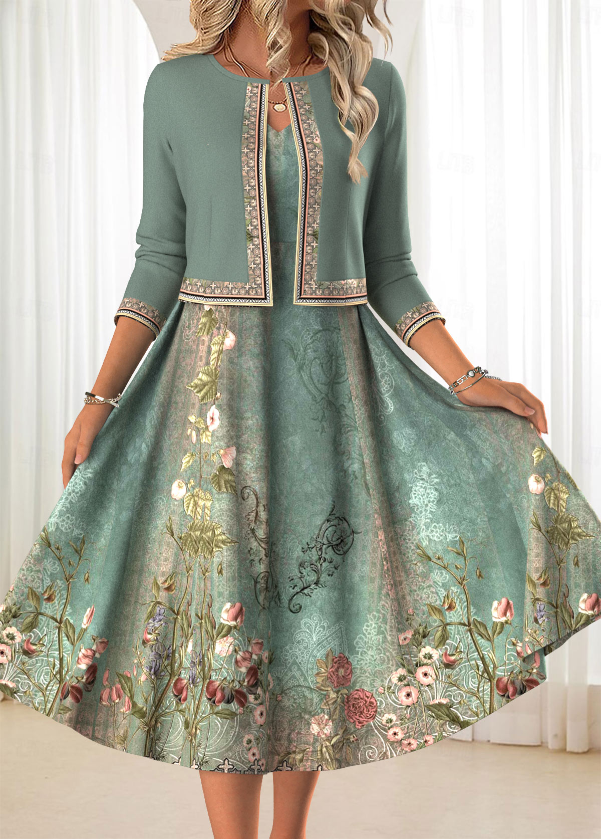 Sage Green Two Piece Floral Print Dress and Cardigan | picture 