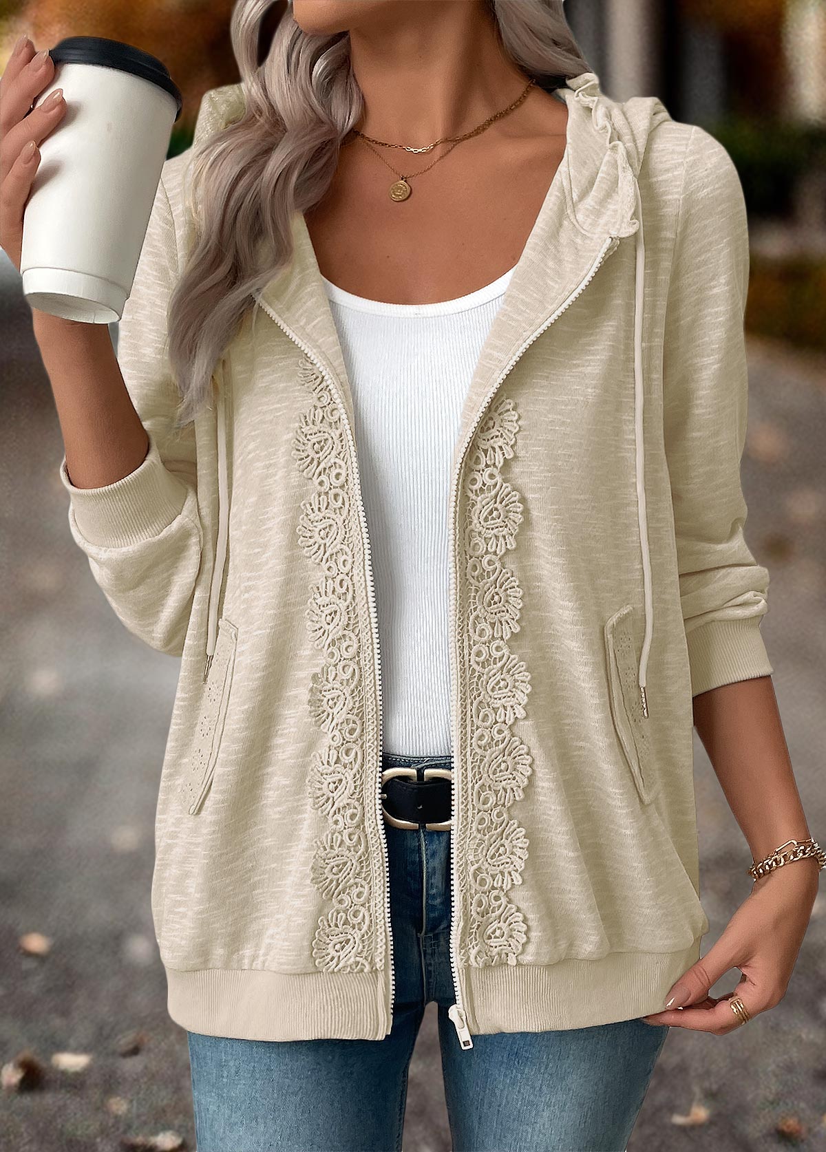 Light Grey Double Side Pockets Long Sleeve Hoodie | picture 