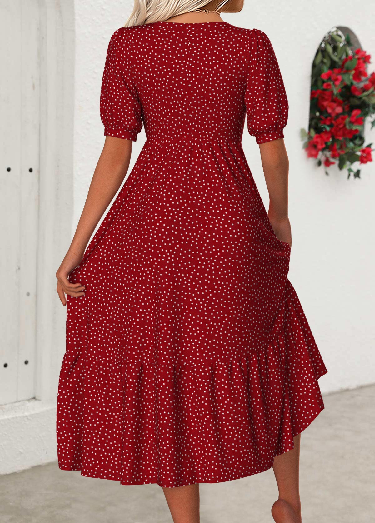 Red Polka Dot Short Sleeve V Neck Dress | picture 