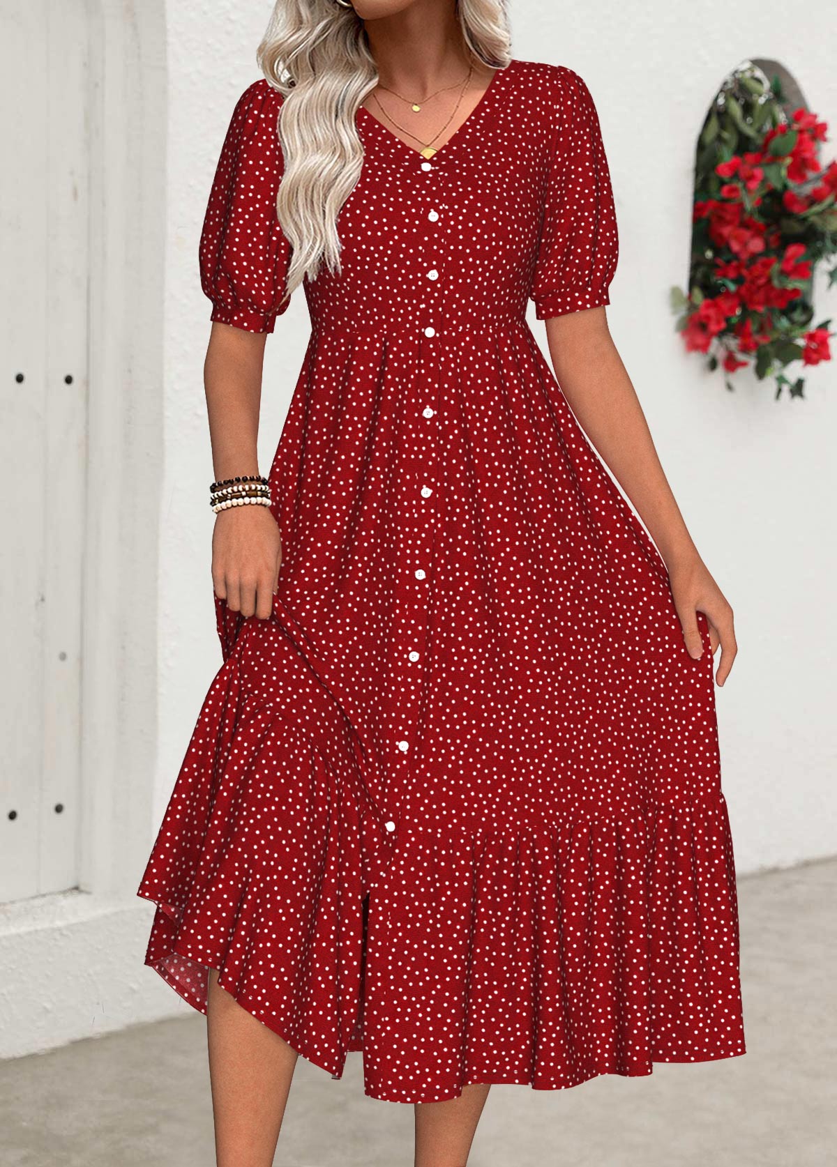 Red Polka Dot Short Sleeve V Neck Dress | picture 