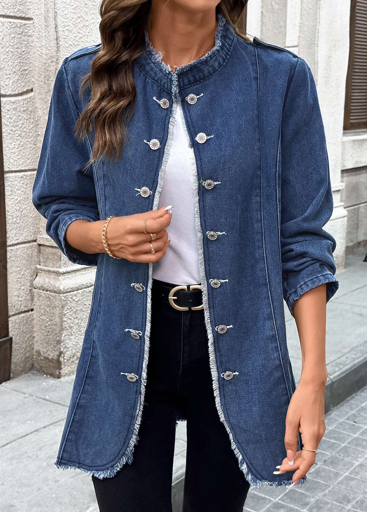 Denim Blue Tummy Coverage Long Sleeve Stand Collar Coat | picture 