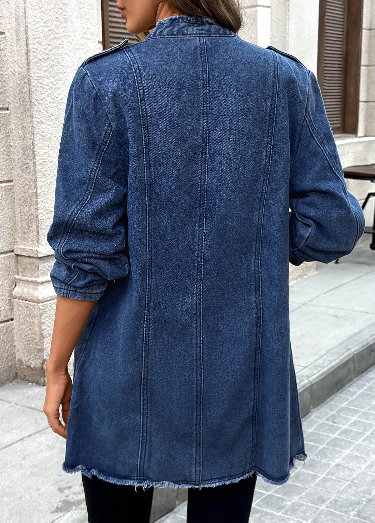 Denim Blue Tummy Coverage Long Sleeve Stand Collar Coat | picture 