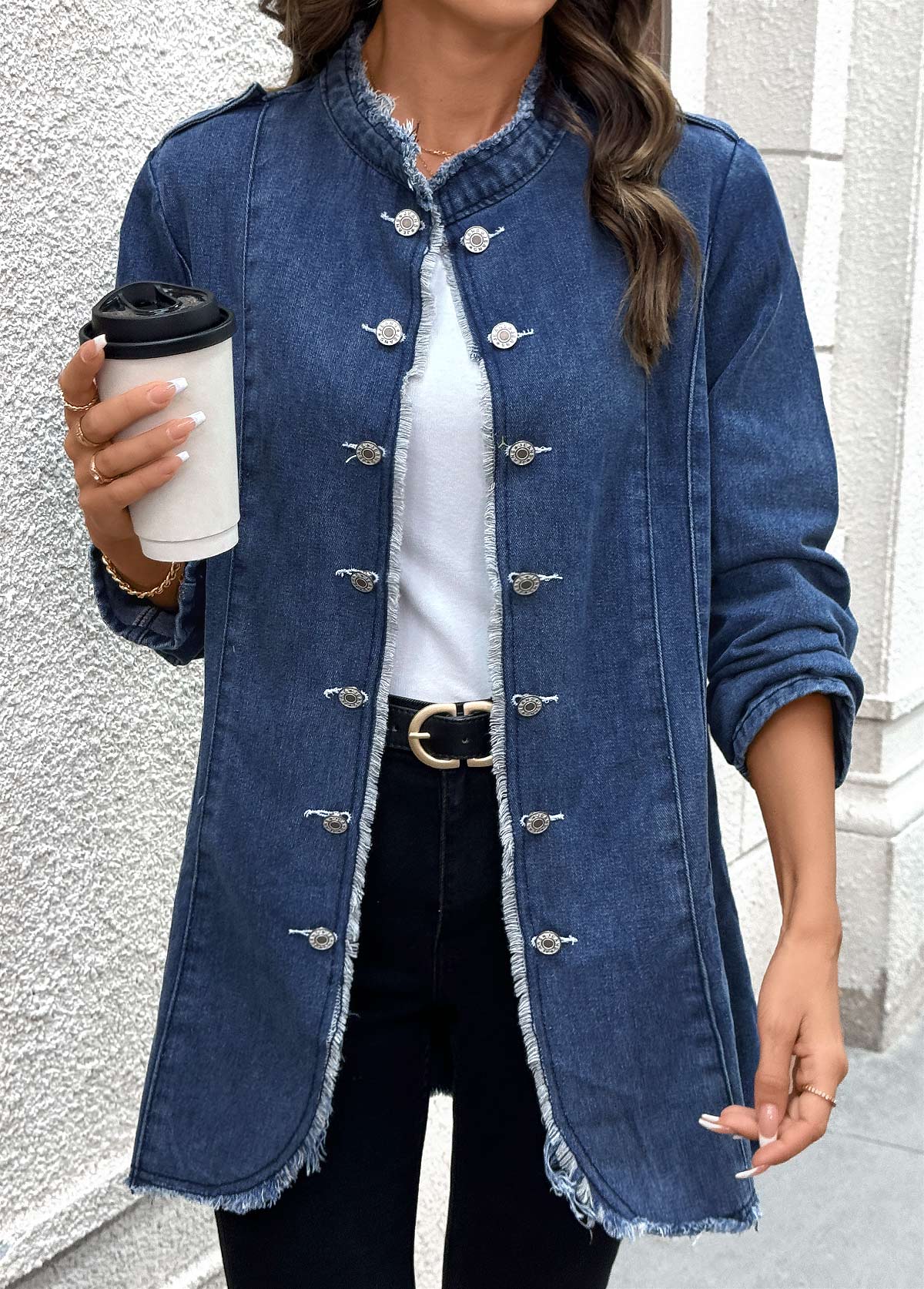 Denim Blue Tummy Coverage Long Sleeve Stand Collar Coat | picture 