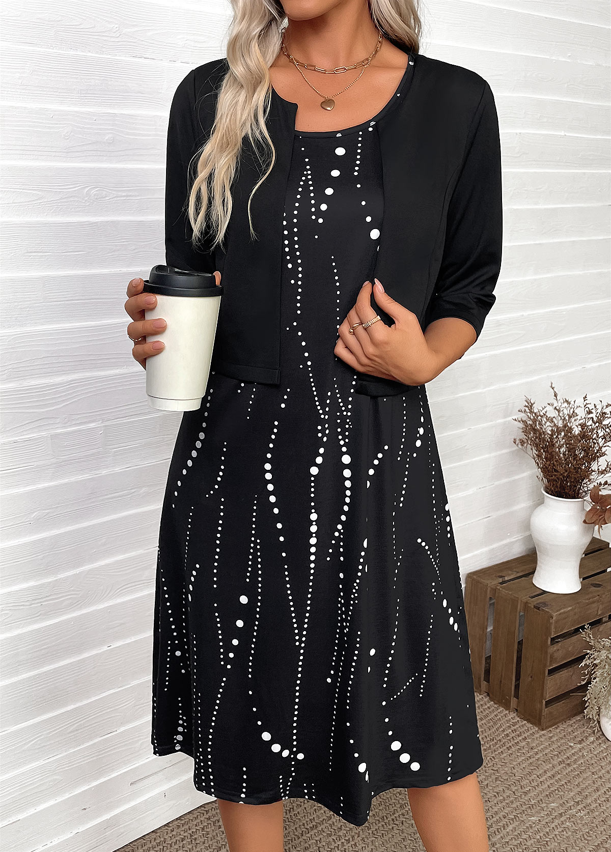Black Tummy Coverage Polka Dot Dress and Cardigan | picture 