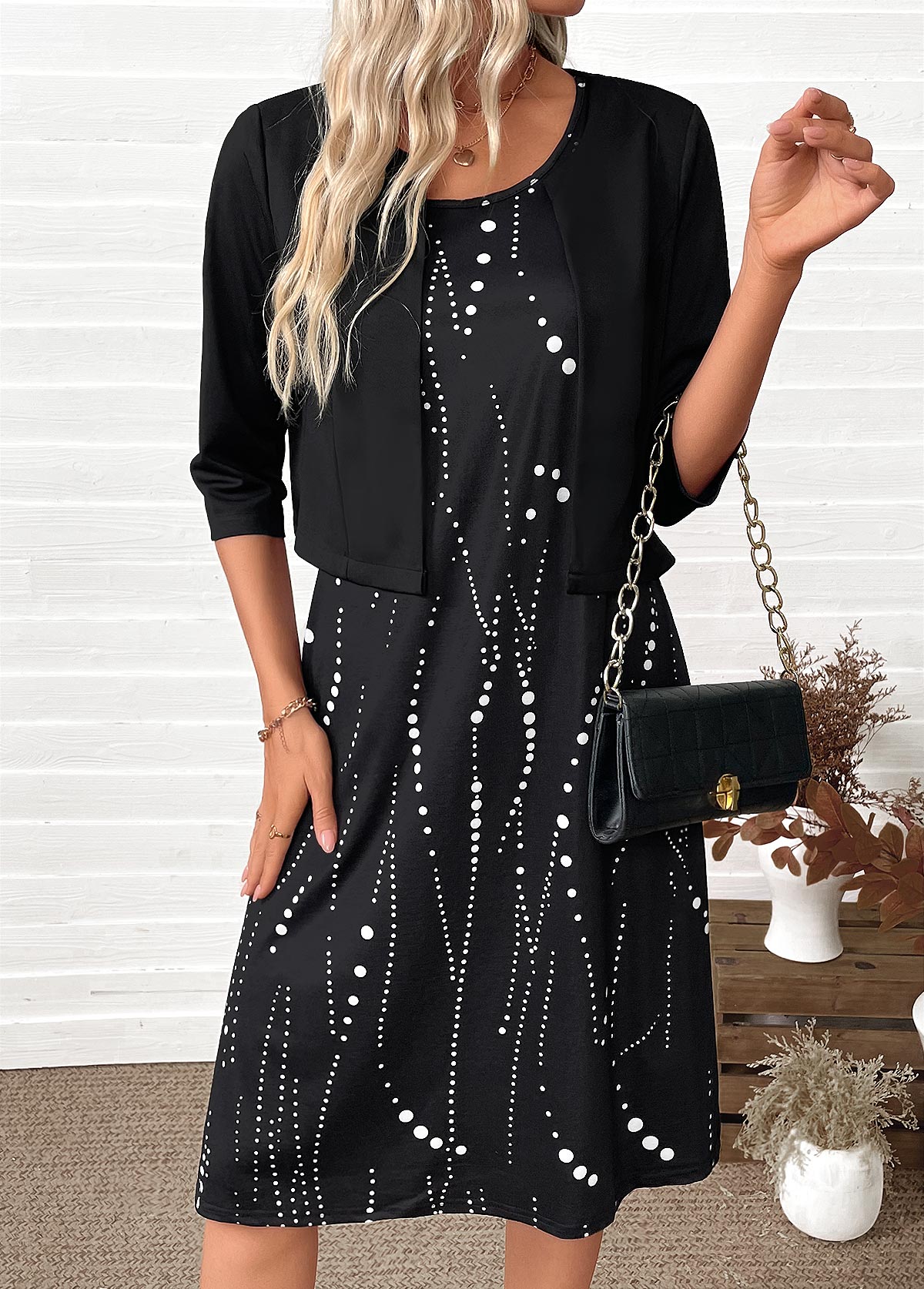 Black Tummy Coverage Polka Dot Dress and Cardigan | picture 