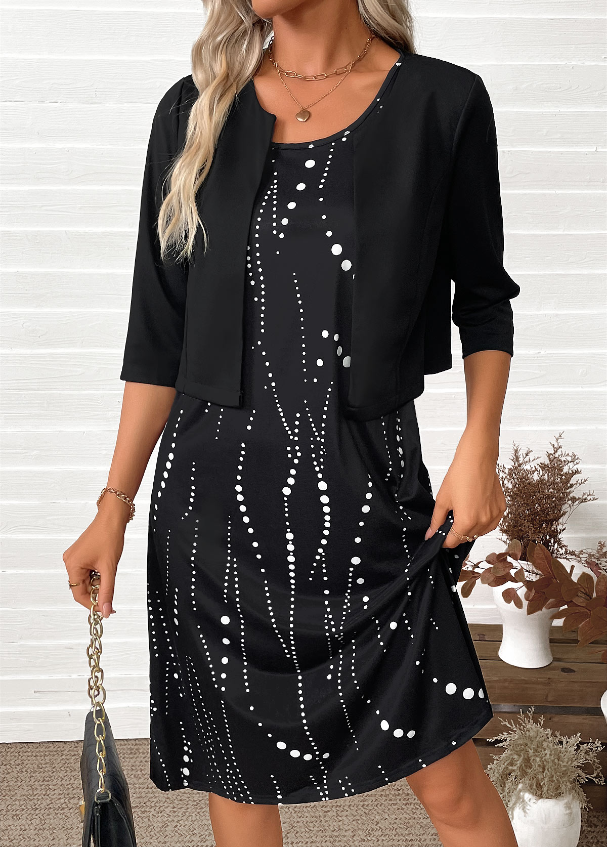 Black Tummy Coverage Polka Dot Dress and Cardigan | picture 