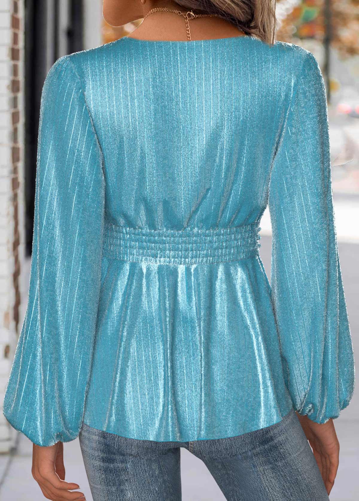 Mint Green Long Sleeve V Neck Blouse | picture 