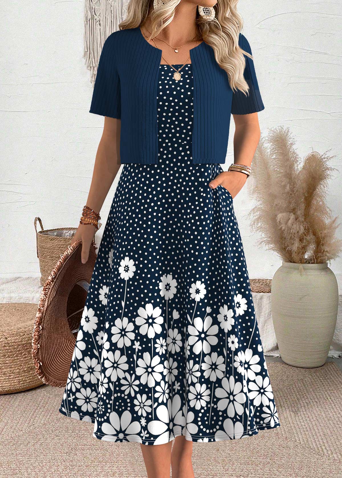 Navy Polka Dot Short Sleeve Dress and Cardigan | picture 