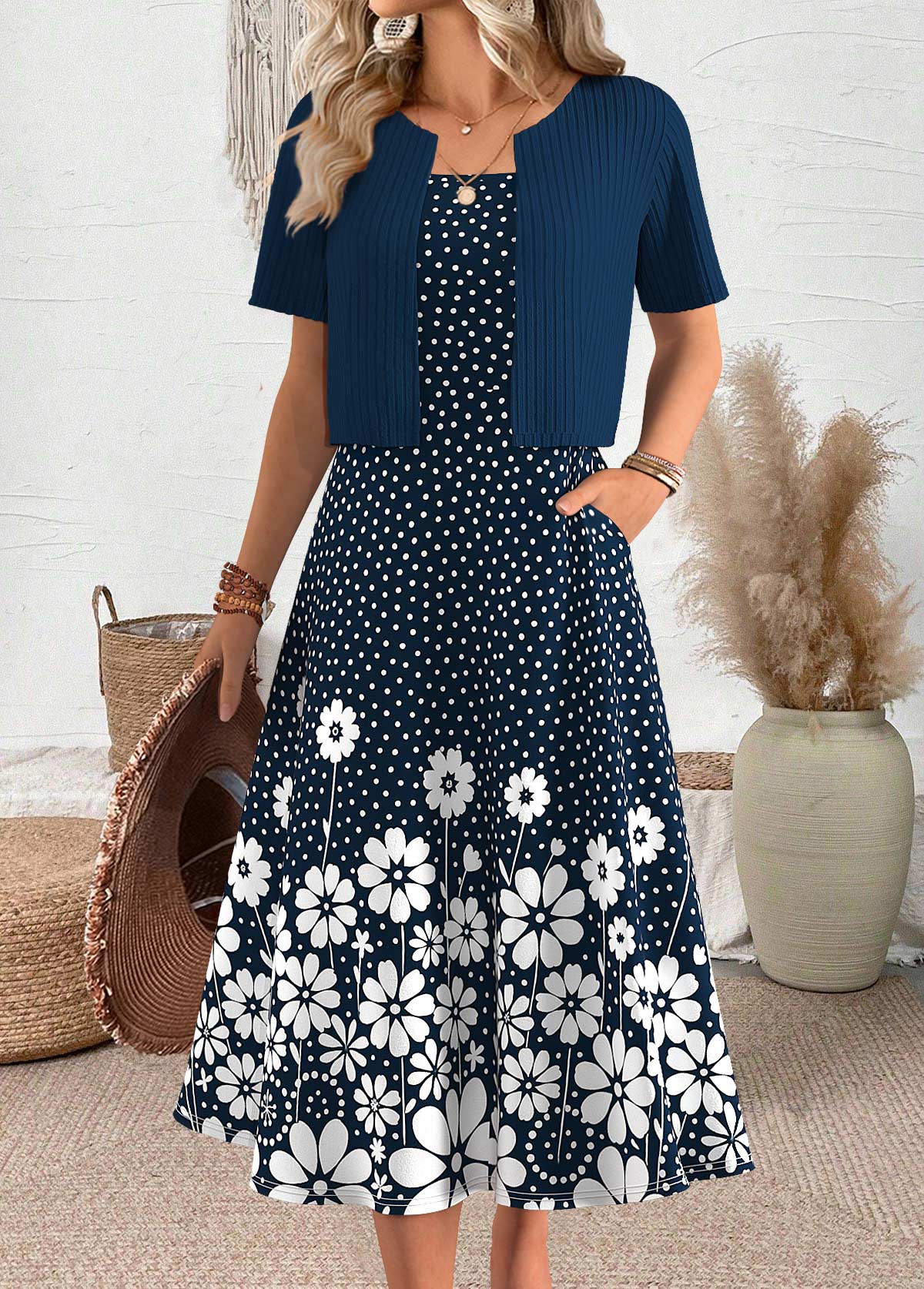 Navy Polka Dot Short Sleeve Dress and Cardigan | picture 