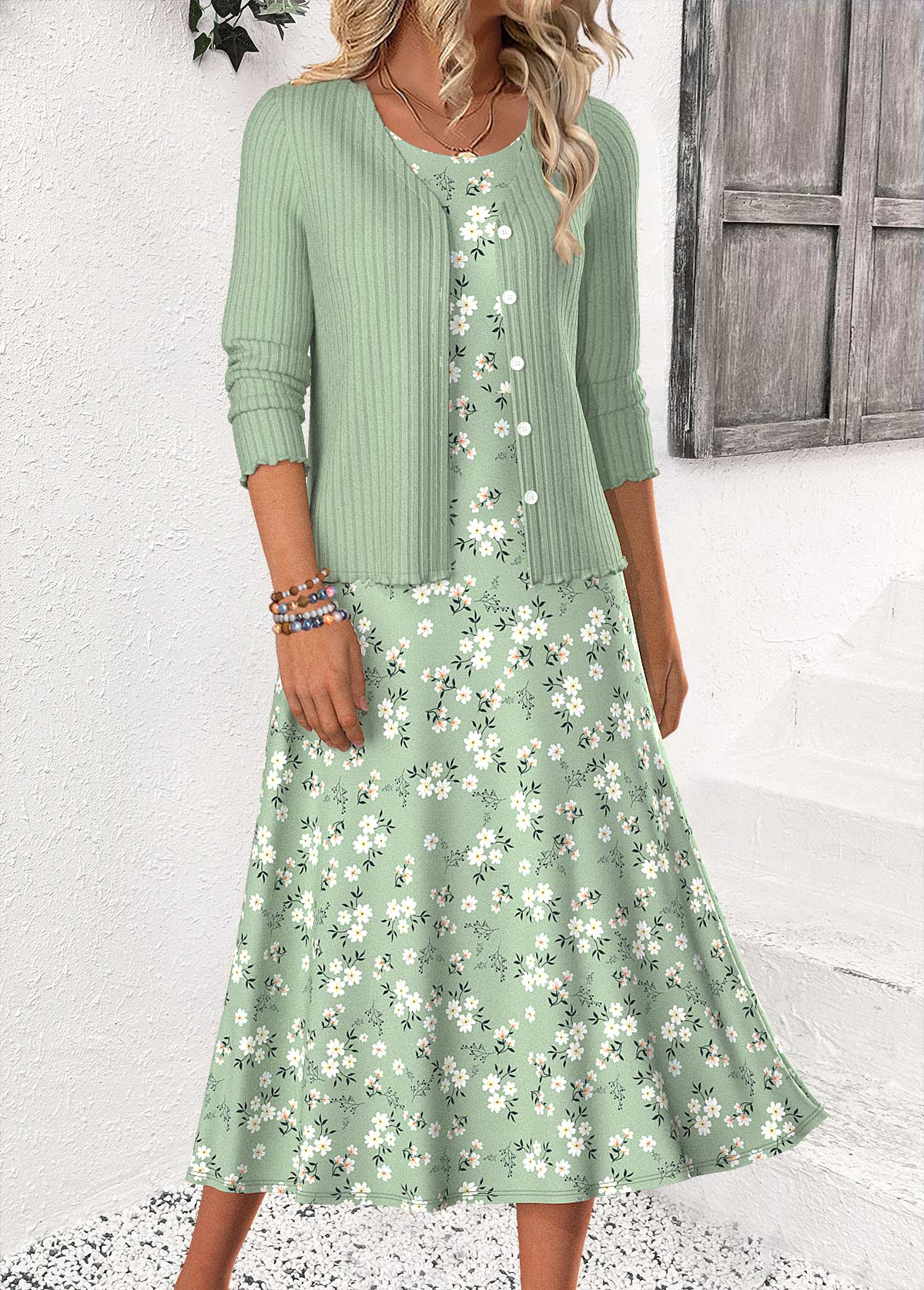 Sage Green Ditsy Floral Print Dress and Cardigan | picture 