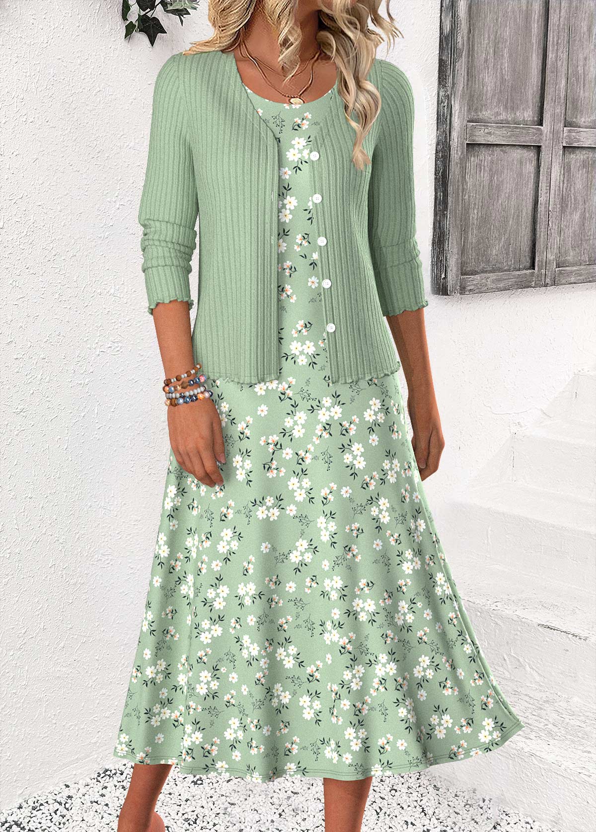 Sage Green Ditsy Floral Print Dress and Cardigan | picture 