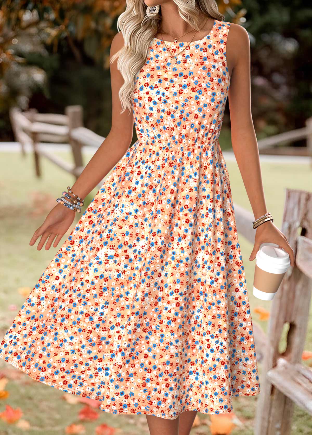 Orange Ditsy Floral Print Long Sleeve Dress and Cardigan | picture 