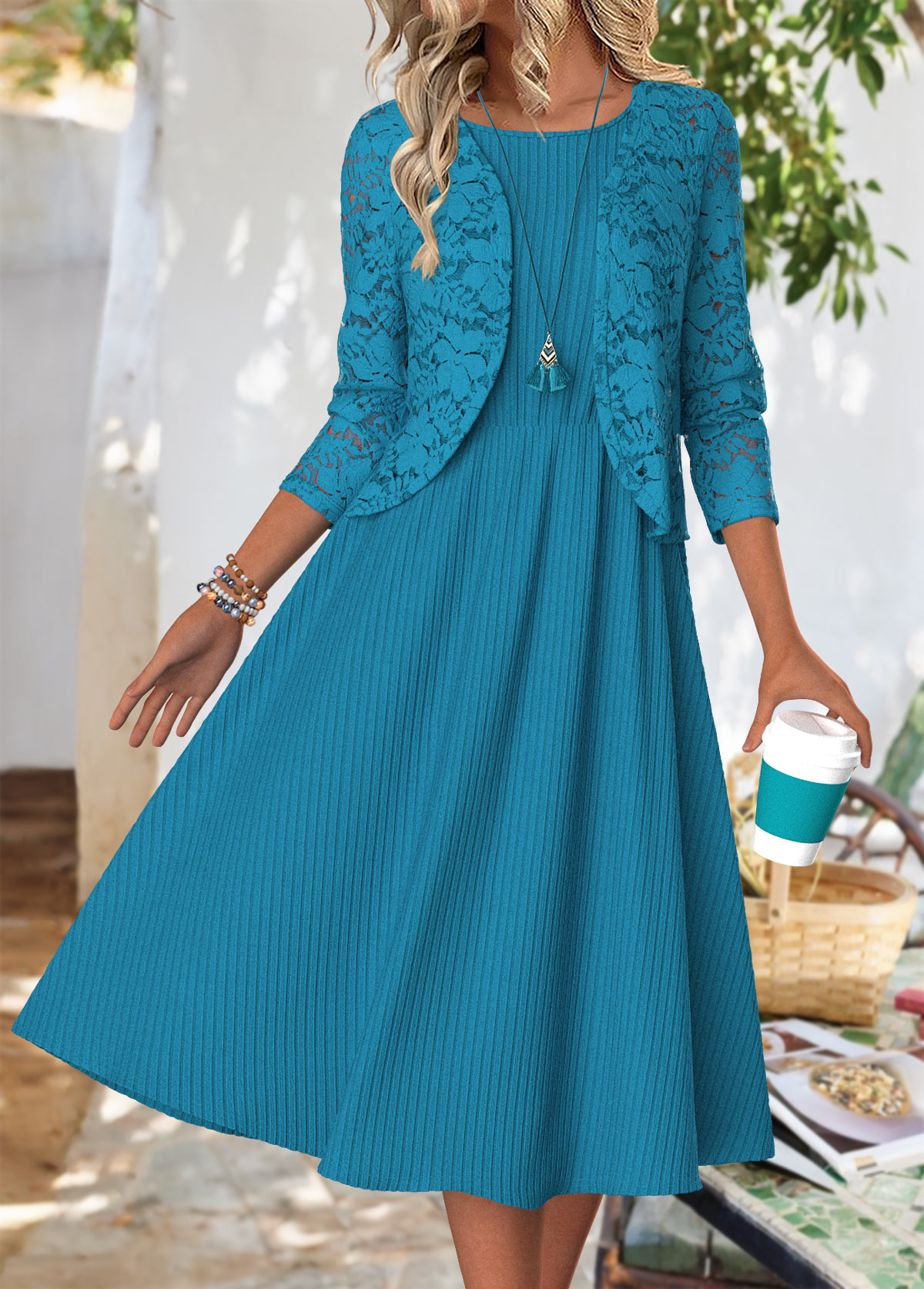 Peacock Blue Long Sleeve Round Neck Dress and Cardigan | picture 