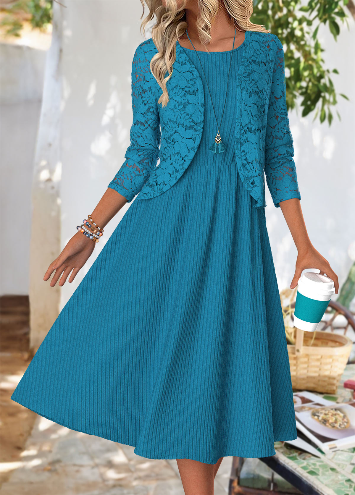 Peacock Blue Long Sleeve Round Neck Dress and Cardigan | picture 