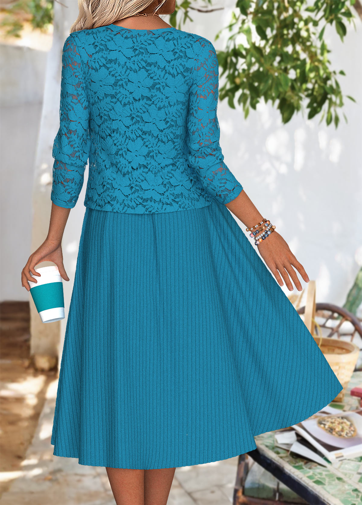 Peacock Blue Long Sleeve Round Neck Dress and Cardigan | picture 