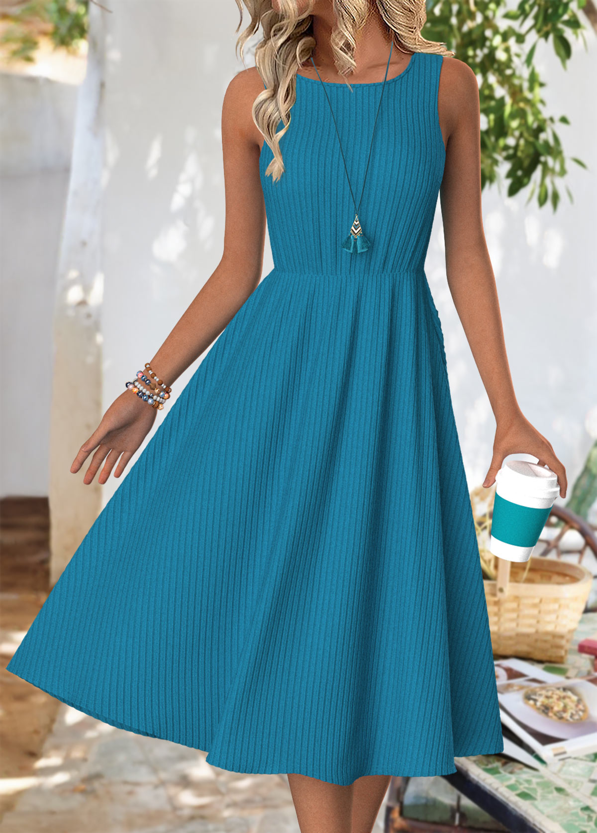 Peacock Blue Long Sleeve Round Neck Dress and Cardigan | picture 