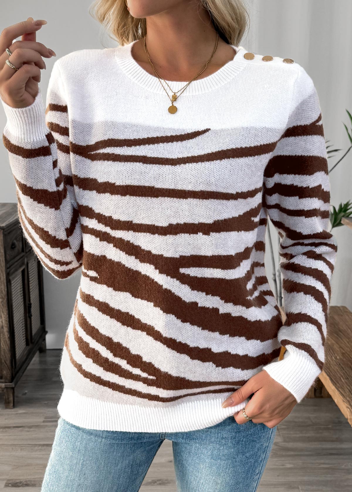 White Button Long Sleeve Round Neck Sweater | picture 