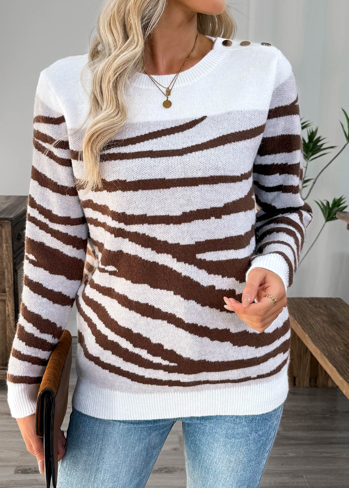 White Button Long Sleeve Round Neck Sweater | picture 